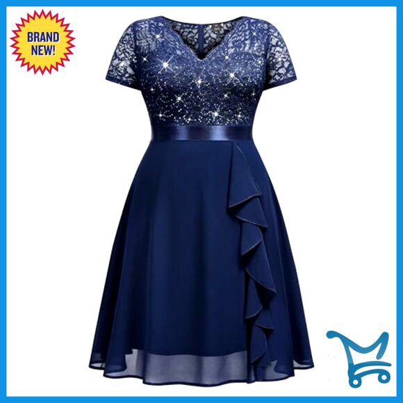 Sequins Lace Chiffon V Neck Flowy Cocktail Prom Midi Dress Elegant Party Wear - Picture 5 of 6